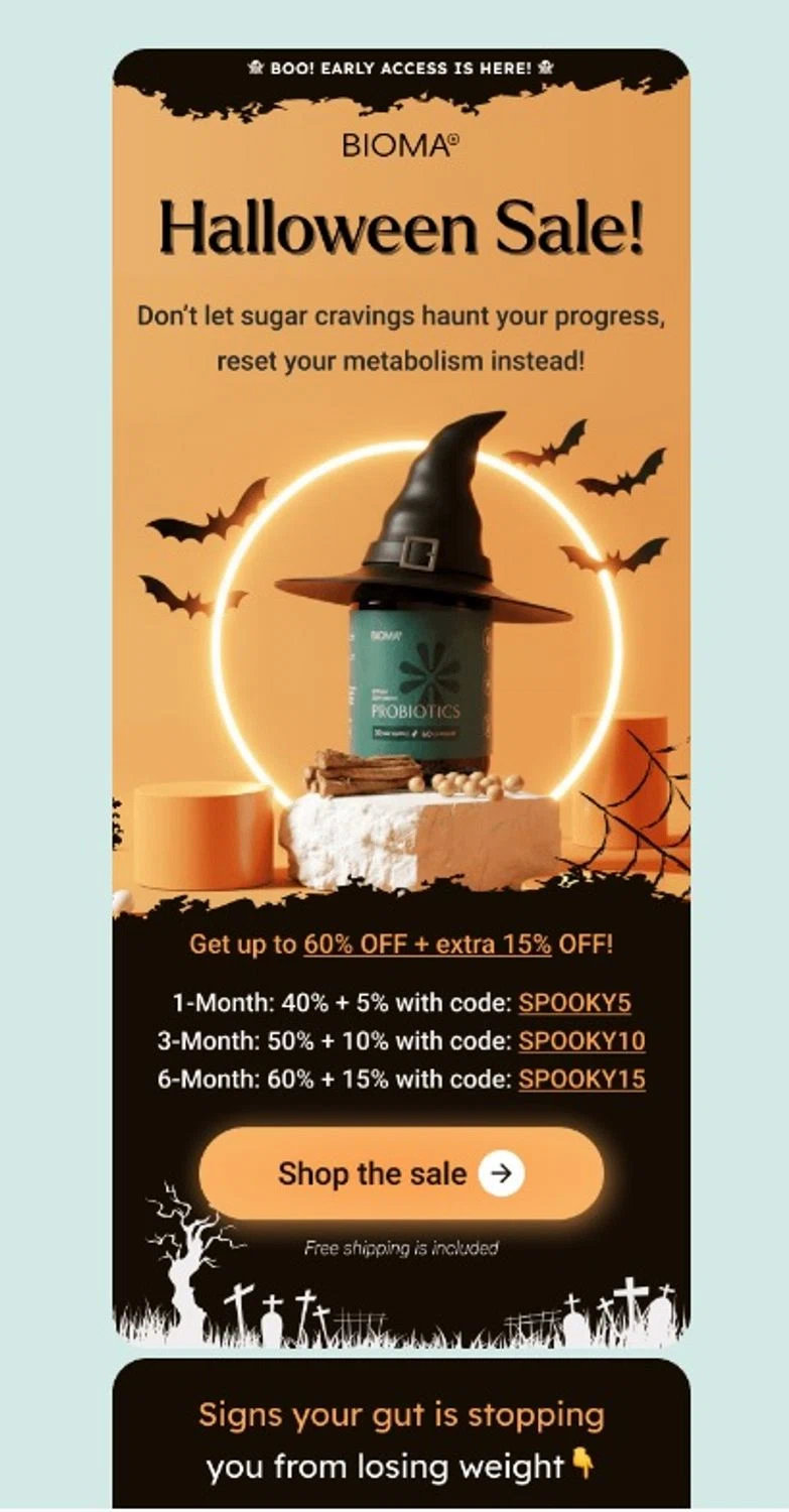 Bioma.Health promo code screenshot showing code SPOOKY5 applied at Bioma.Health checkout page. Uploaded by SimplyCodes community member criah256752 on Oct 15, 2025