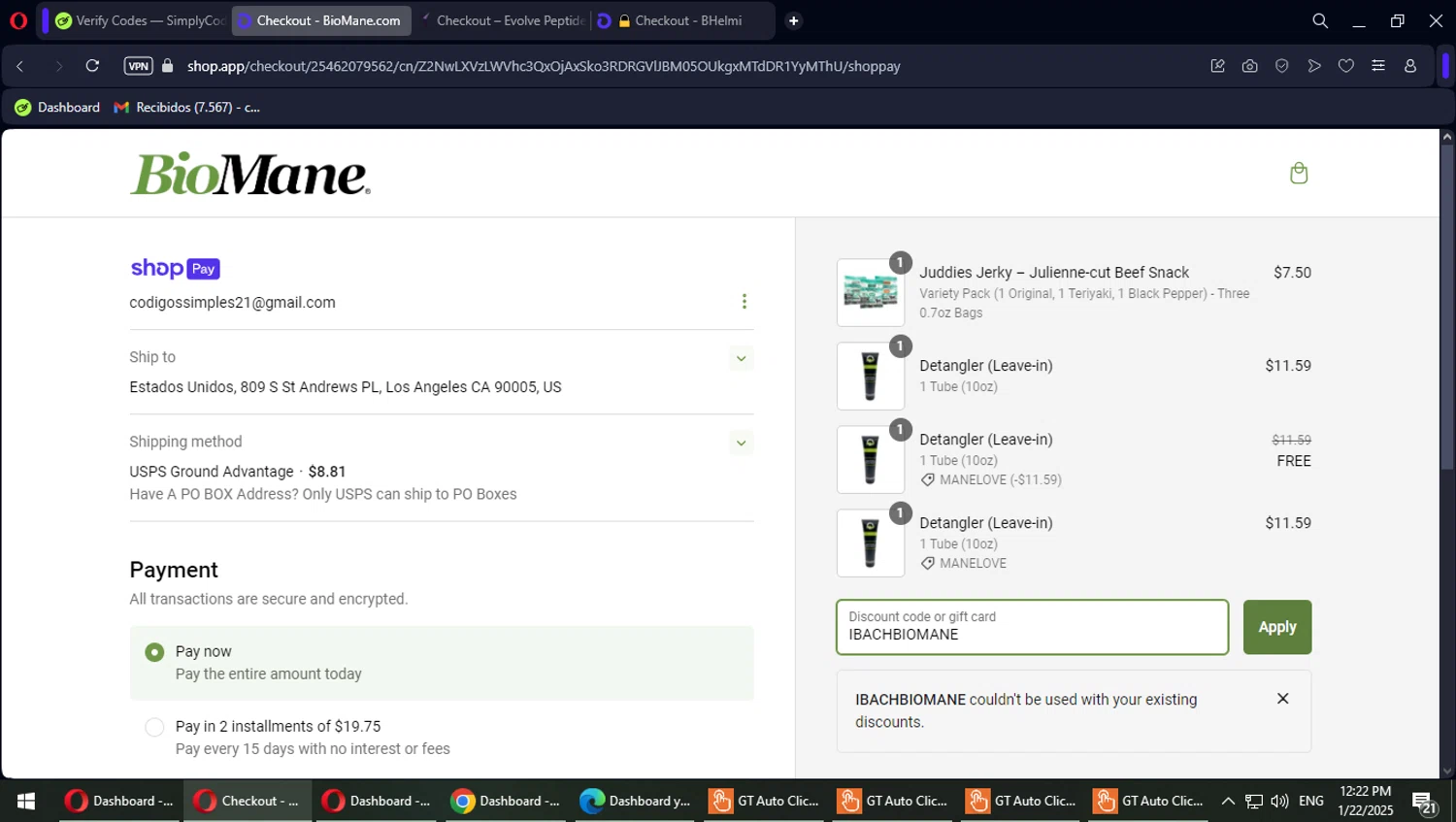 BioMane discount code screenshot showing code IBACHBIOMANE applied at BioMane checkout page. Uploaded by SimplyCodes community member MaitoGai on Jan 22, 2025