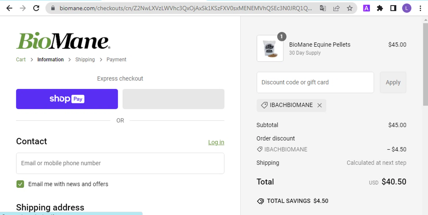 BioMane discount code screenshot showing code IBACHBIOMANE applied at BioMane checkout page. Uploaded by SimplyCodes community member NobleKnight286 on Feb 20, 2025