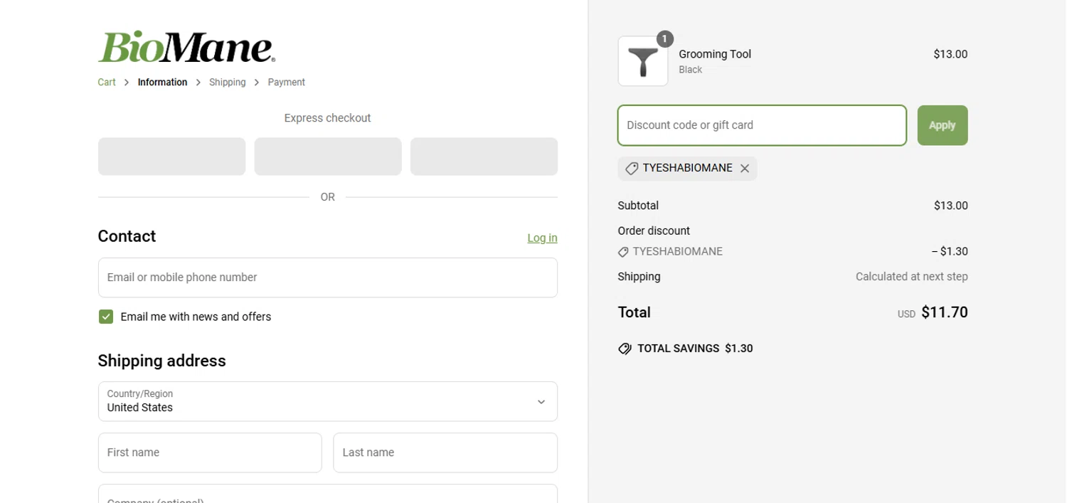 BioMane discount code screenshot showing code TYESHABIOMANE applied at BioMane checkout page. Uploaded by SimplyCodes community member Underaiki on Apr 17, 2025