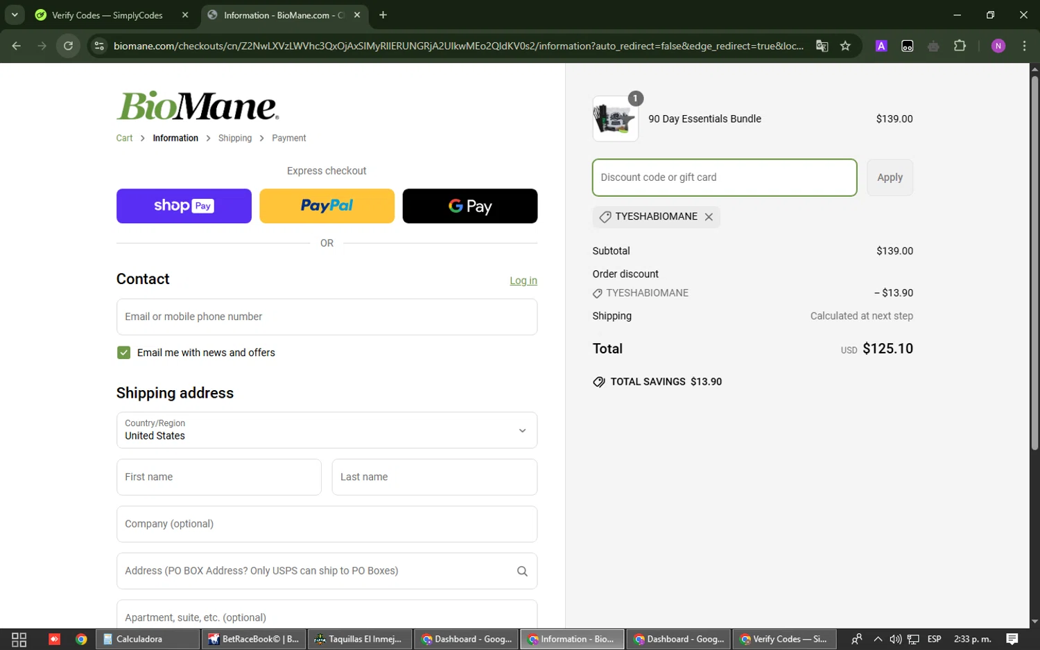 BioMane discount code screenshot showing code TYESHABIOMANE applied at BioMane checkout page. Uploaded by SimplyCodes community member BudgetScout7977 on Apr 17, 2025