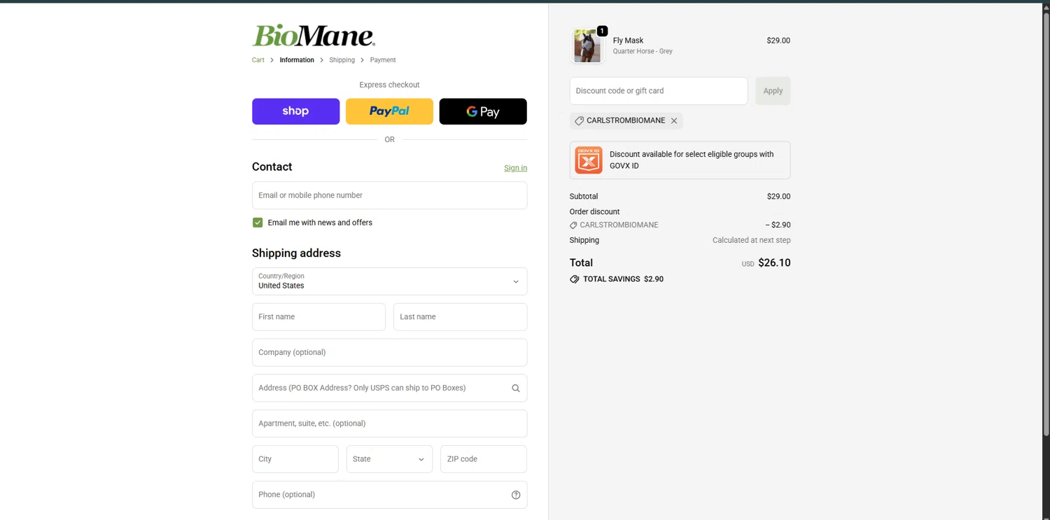 BioMane discount code screenshot showing code CARLSTROMBIOMANE applied at BioMane checkout page. Uploaded by SimplyCodes community member SwiftPhoenix267 on Oct 17, 2025