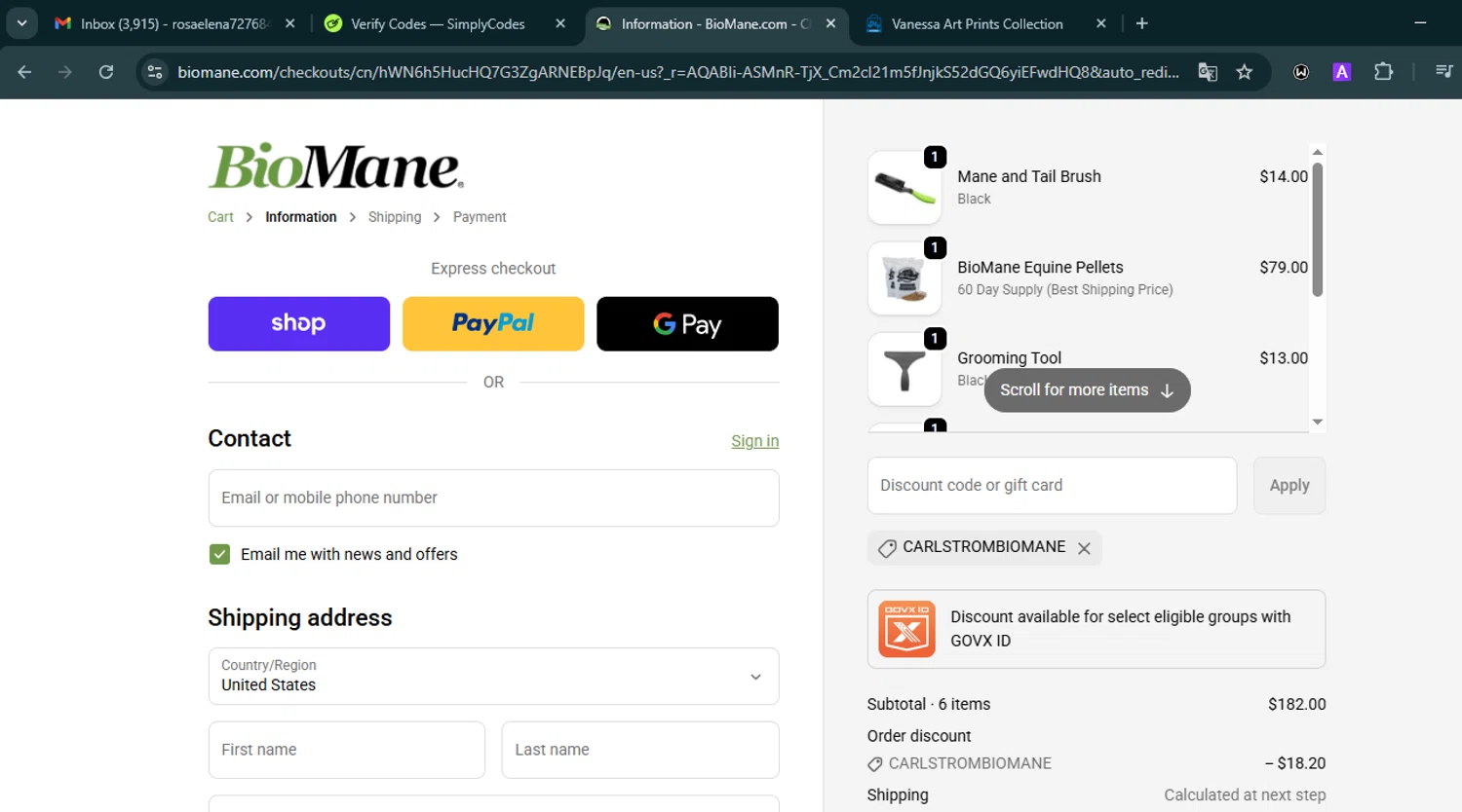 BioMane discount code screenshot showing code CARLSTROMBIOMANE applied at BioMane checkout page. Uploaded by SimplyCodes community member VoucherHero6322 on Dec 21, 2025