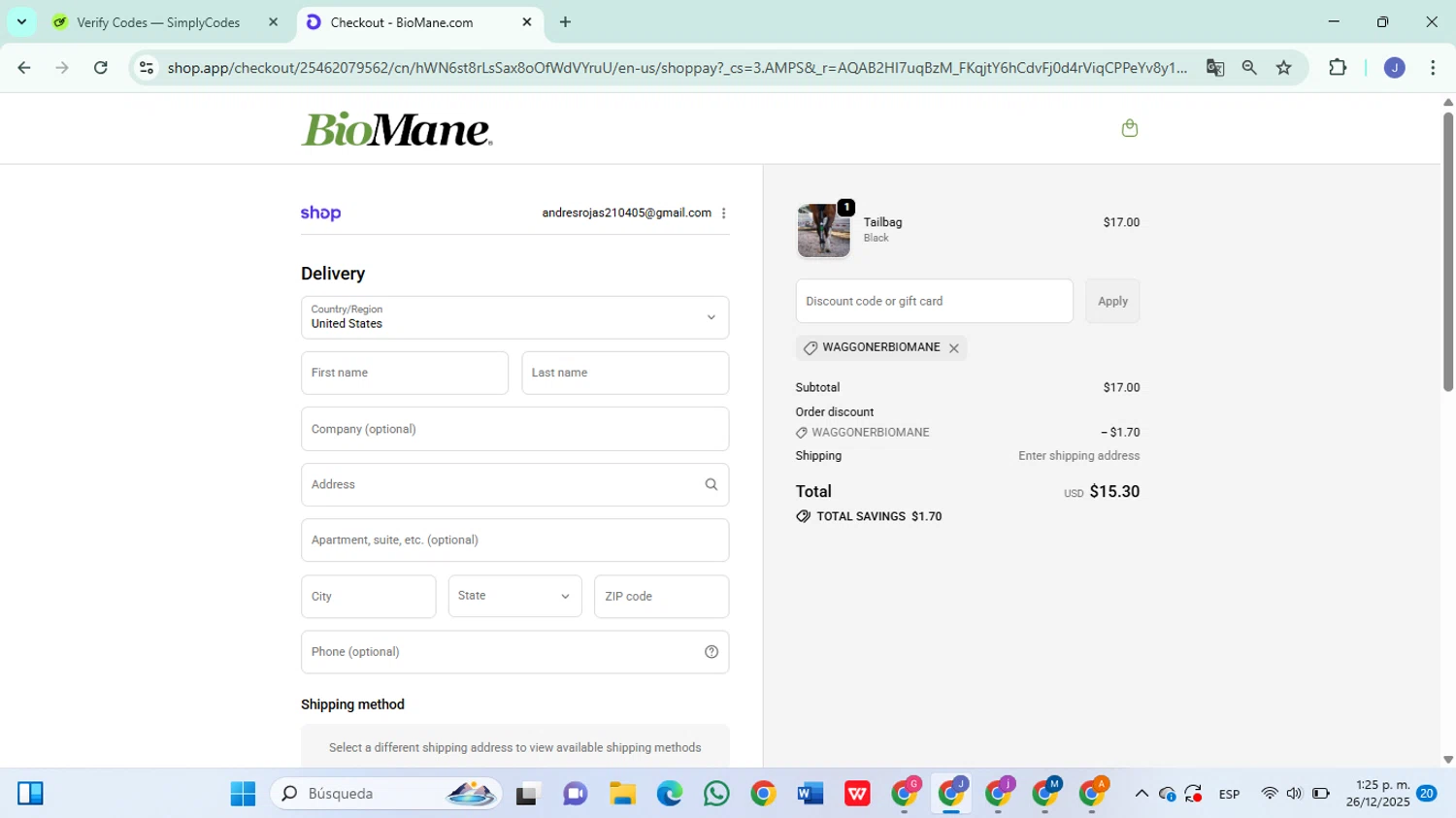 BioMane discount code screenshot showing code waggonerbiomane applied at BioMane checkout page. Uploaded by SimplyCodes community member DiscountSleuth6807 on Dec 26, 2025