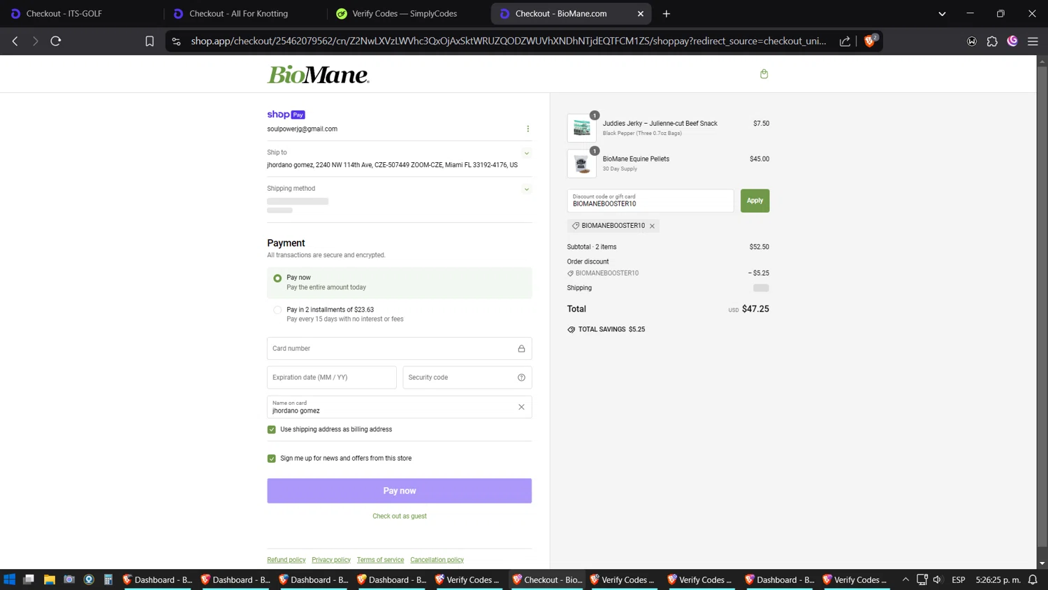 BioMane discount code screenshot showing code BIOMANEBOOSTER10 applied at BioMane checkout page. Uploaded by SimplyCodes community member Phoenix on Feb 11, 2025