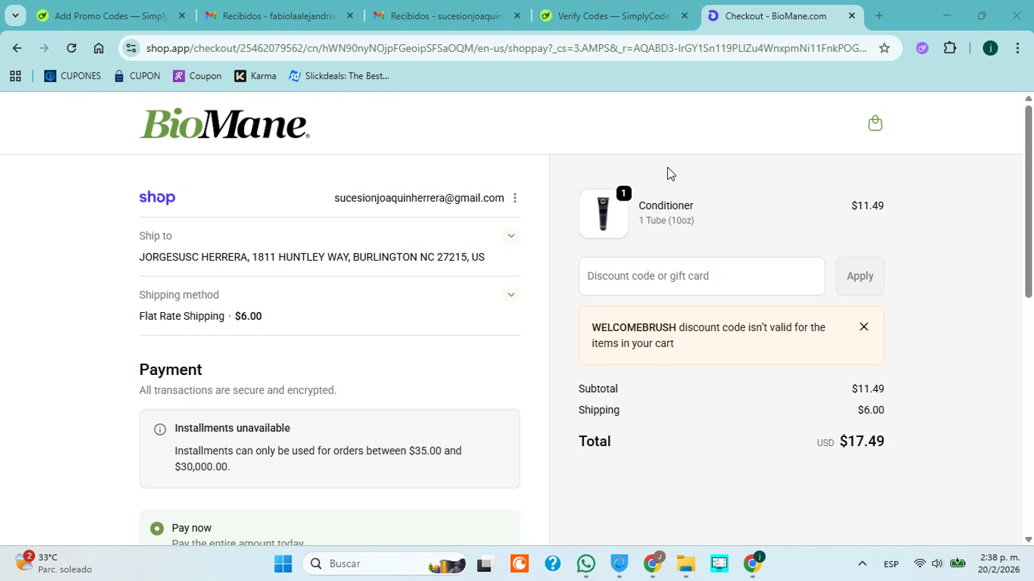 BioMane checkout page showing BioMane discount code box | Screenshot taken by SimplyCodes community member on Feb 20, 2026