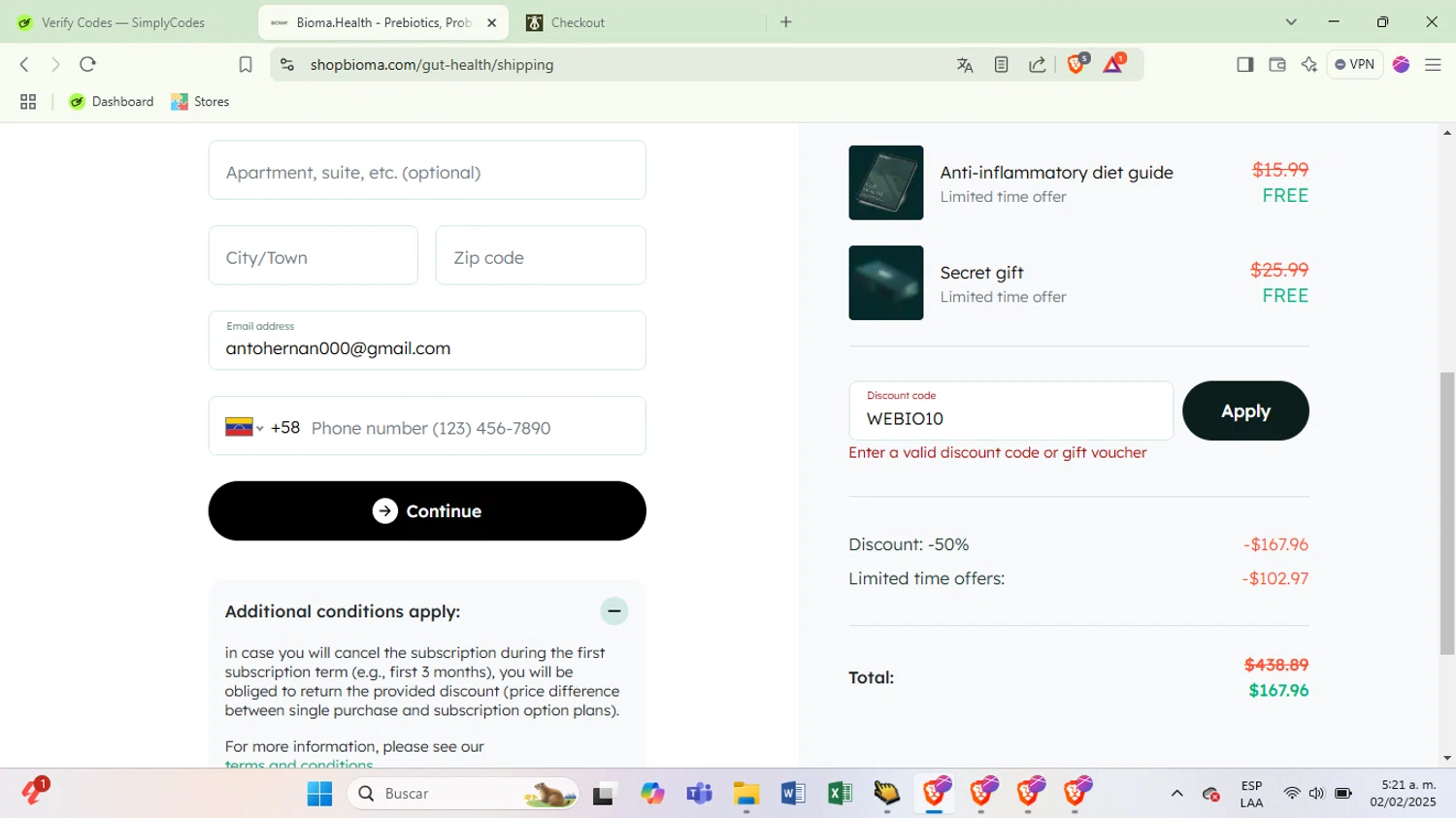 Bioma Shop promo code screenshot showing code WEBIO10 applied at Bioma Shop checkout page. Uploaded by SimplyCodes community member EpicFox3548 on Feb 2, 2025