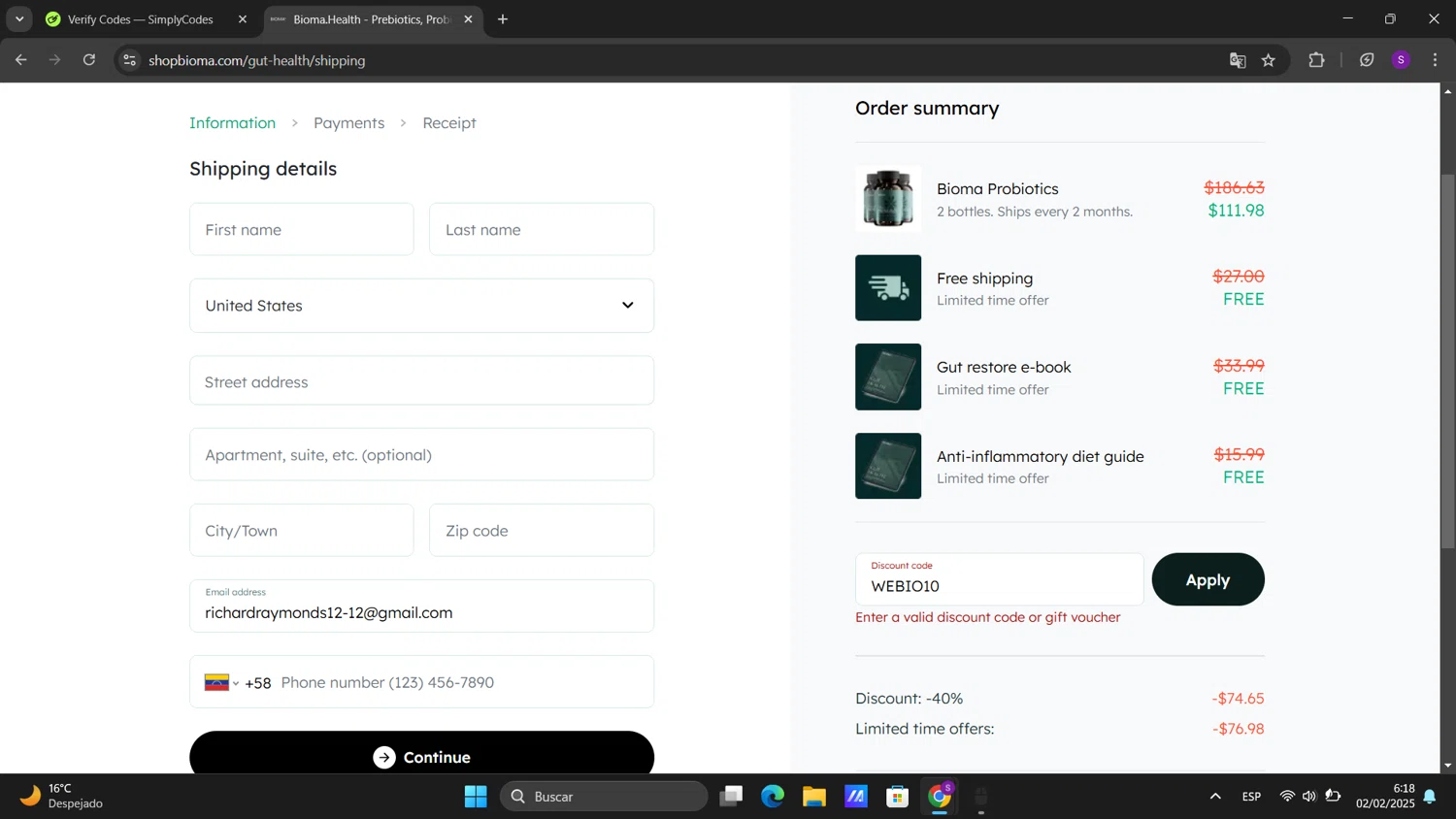 Bioma Shop promo code screenshot showing code WEBIO10 applied at Bioma Shop checkout page. Uploaded by SimplyCodes community member sorialbam on Feb 2, 2025