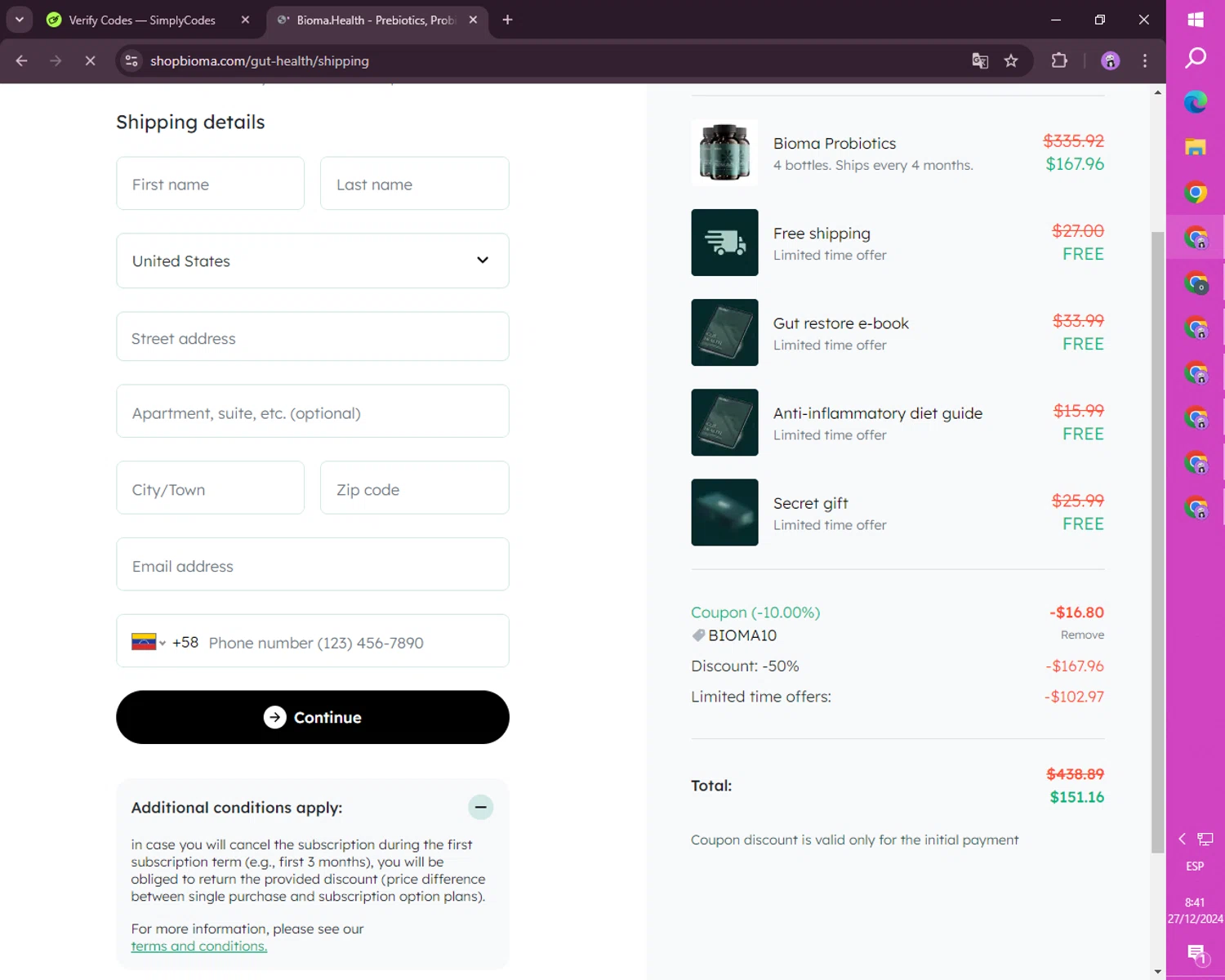 Bioma Shop checkout page showing Bioma Shop promo code box | Screenshot taken by SimplyCodes community member on Dec 27, 2024