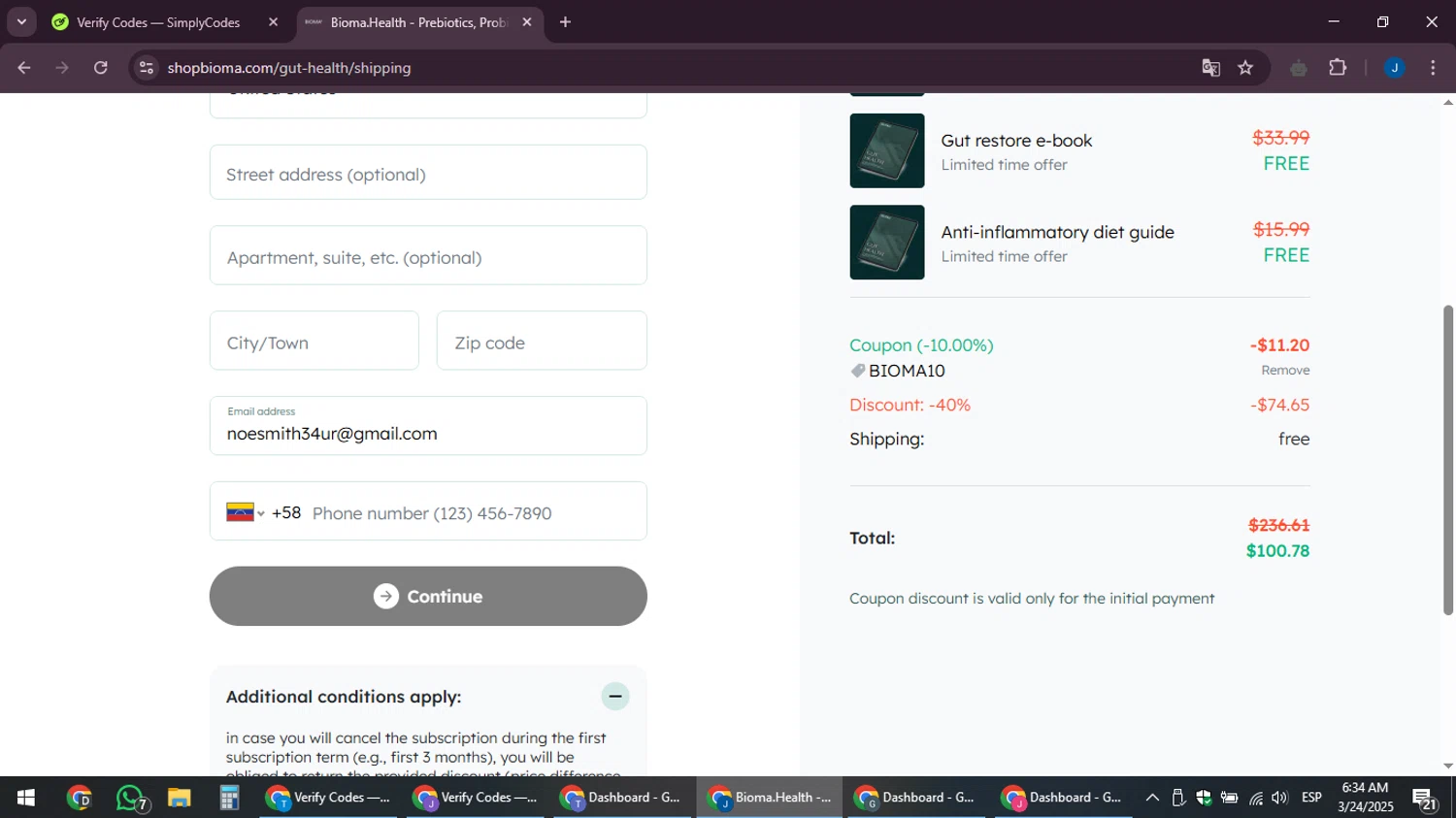 Bioma Shop promo code screenshot showing code BIOMA10 applied at Bioma Shop checkout page. Uploaded by SimplyCodes community member noesmith34ur on Mar 24, 2025