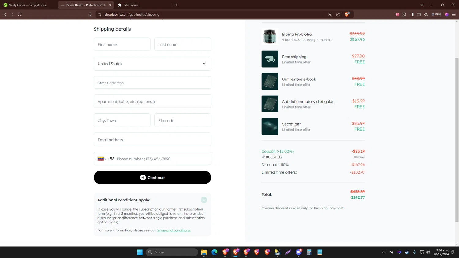 Bioma Shop checkout page showing Bioma Shop promo code box | Screenshot taken by SimplyCodes community member on Dec 28, 2024