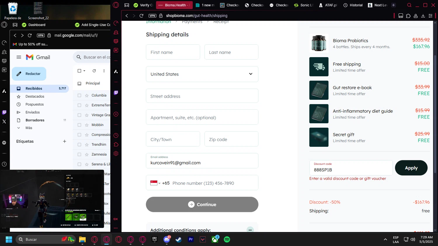Bioma Shop promo code screenshot showing code 888SP1B applied at Bioma Shop checkout page. Uploaded by SimplyCodes community member leonardocamacho2 on May 5, 2025