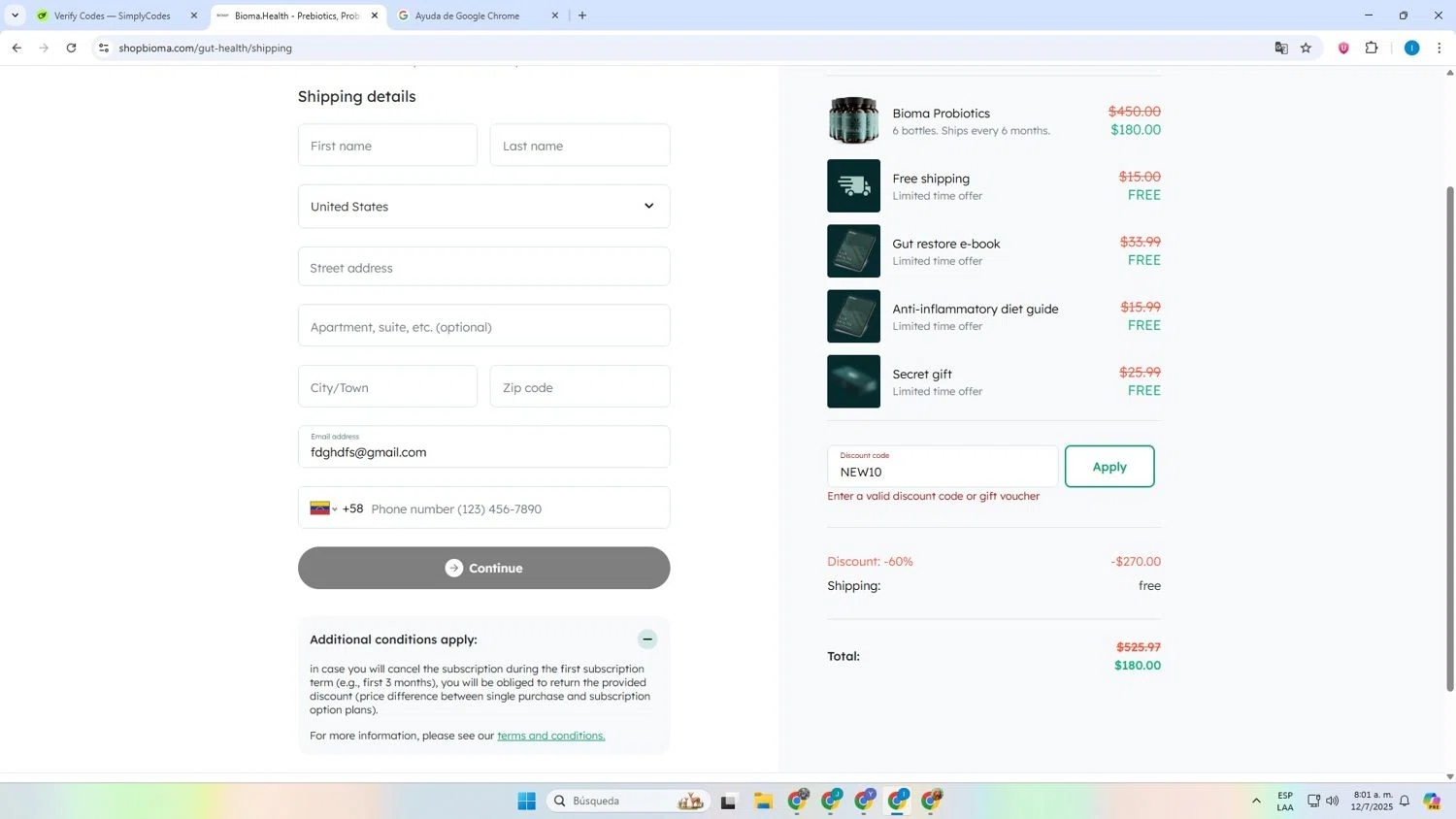Bioma Shop promo code screenshot showing code NEW10 applied at Bioma Shop checkout page. Uploaded by SimplyCodes community member Derecksrob on Jul 12, 2025