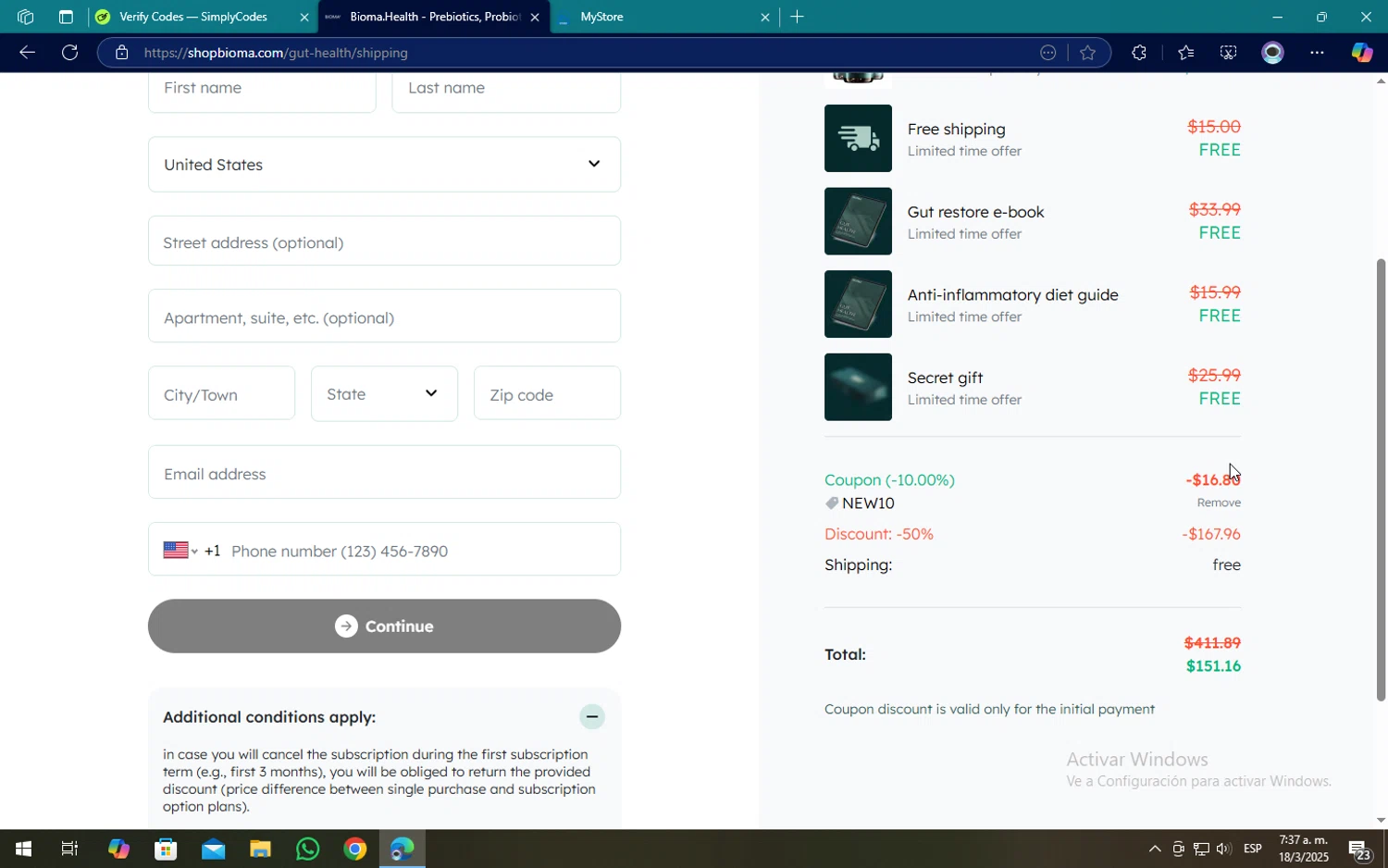 Bioma Shop promo code screenshot showing code NEW10 applied at Bioma Shop checkout page. Uploaded by SimplyCodes community member SOPACONPAN on Mar 18, 2025