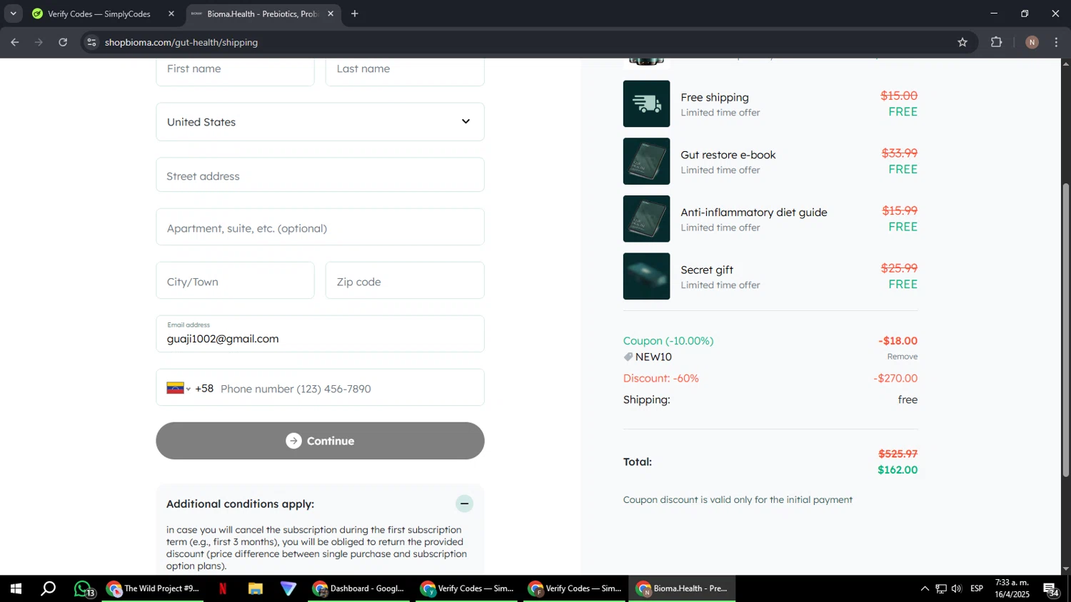 Bioma Shop promo code screenshot showing code NEW10 applied at Bioma Shop checkout page. Uploaded by SimplyCodes community member DiscountPioneer2554 on Apr 16, 2025