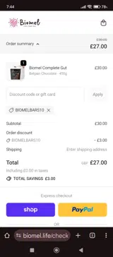BIOMELBARS10 coupon verification screenshot