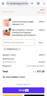 Biomeology Prenatal Wellness coupon verification screenshot