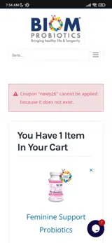Biom Probiotics coupon verification screenshot