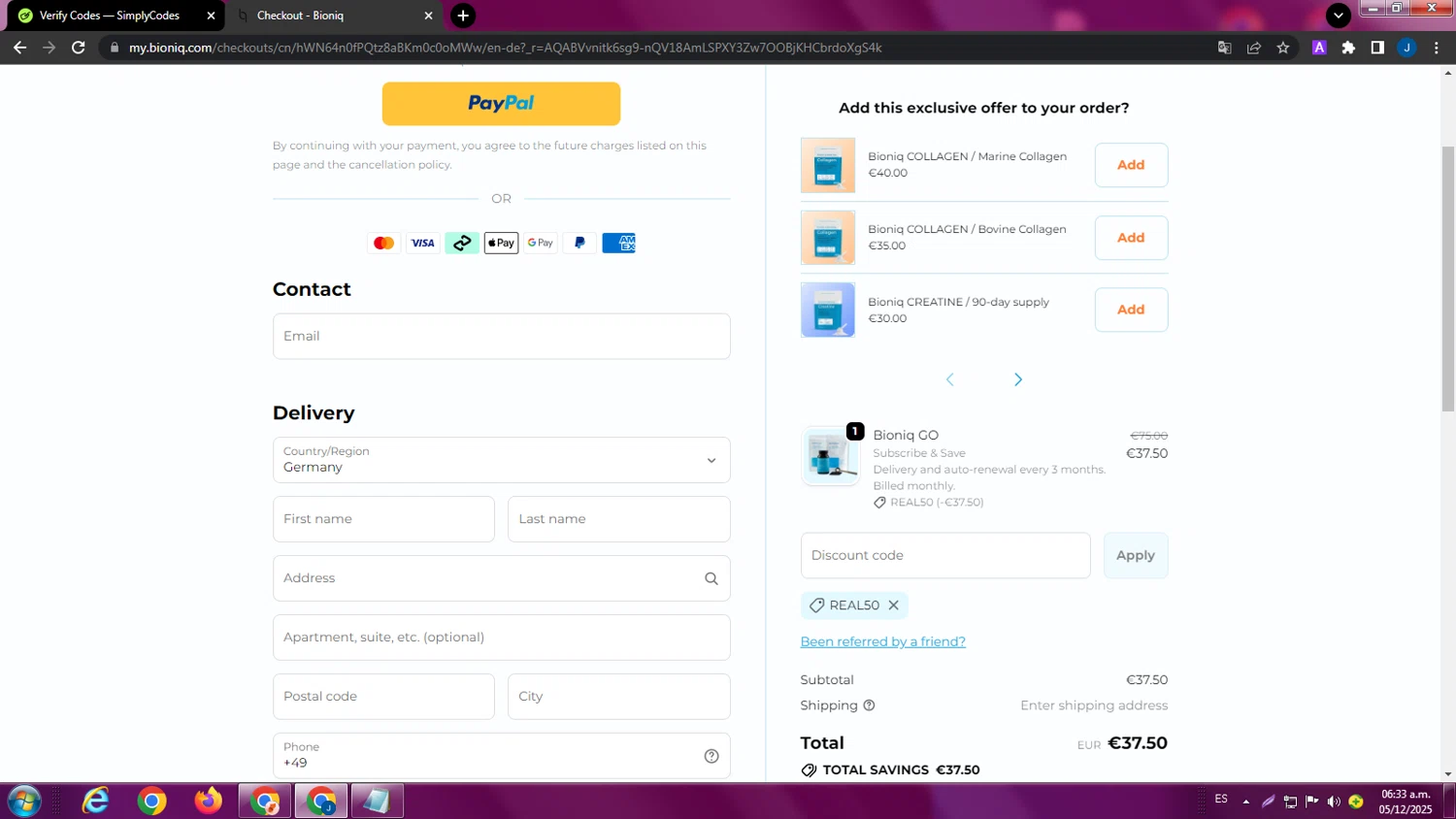 Bioniq discount code screenshot showing code REAL50 applied at Bioniq checkout page. Uploaded by SimplyCodes community member ExtraordinaryPhoenix9295 on Dec 5, 2025