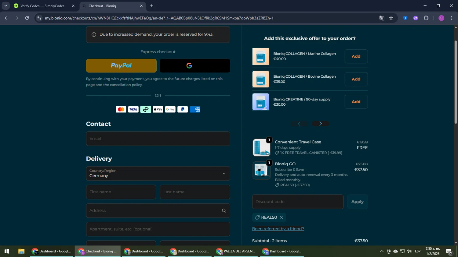 Bioniq discount code screenshot showing code REAL50 applied at Bioniq checkout page. Uploaded by SimplyCodes community member Son_Goku on Feb 1, 2026