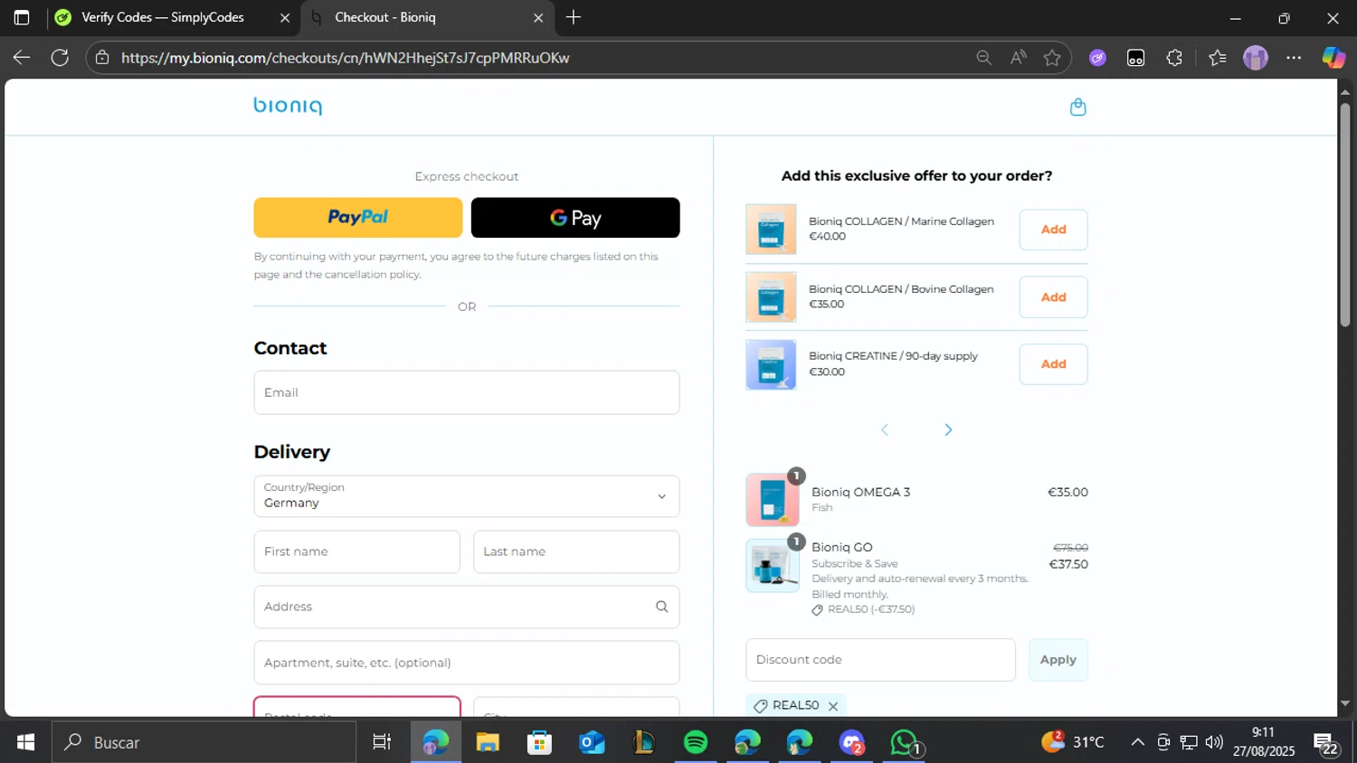 Bioniq discount code screenshot showing code REAL50 applied at Bioniq checkout page. Uploaded by SimplyCodes community member THEBANANA on Aug 27, 2025