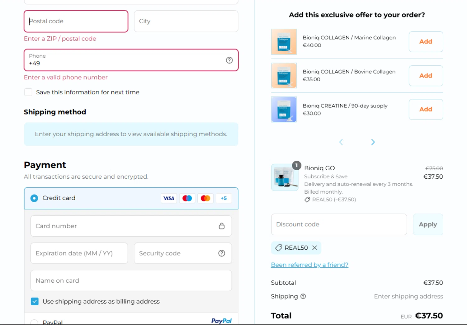 Bioniq discount code screenshot showing code REAL50 applied at Bioniq checkout page. Uploaded by SimplyCodes community member sasukeuchiha on Sep 9, 2025