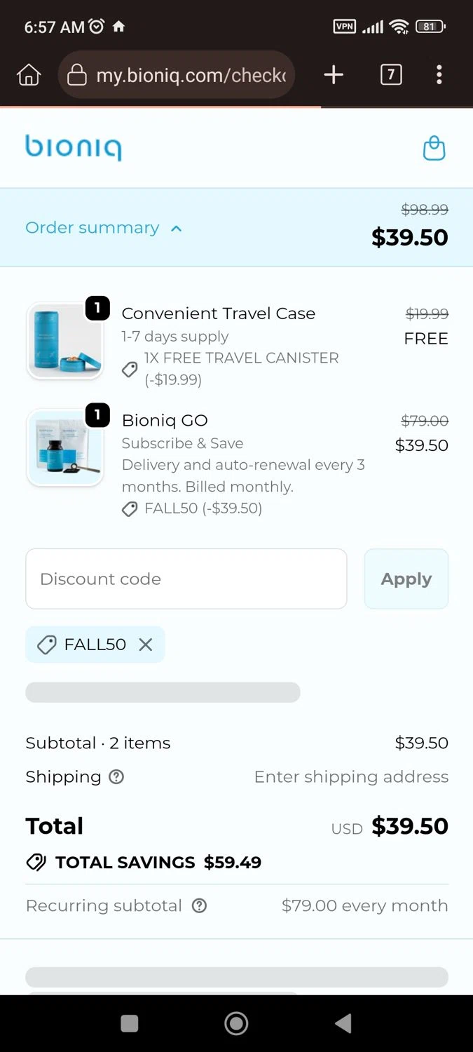 Bioniq discount code screenshot showing code fall50 applied at Bioniq checkout page. Uploaded by SimplyCodes community member CrownLion2750 on Feb 4, 2026