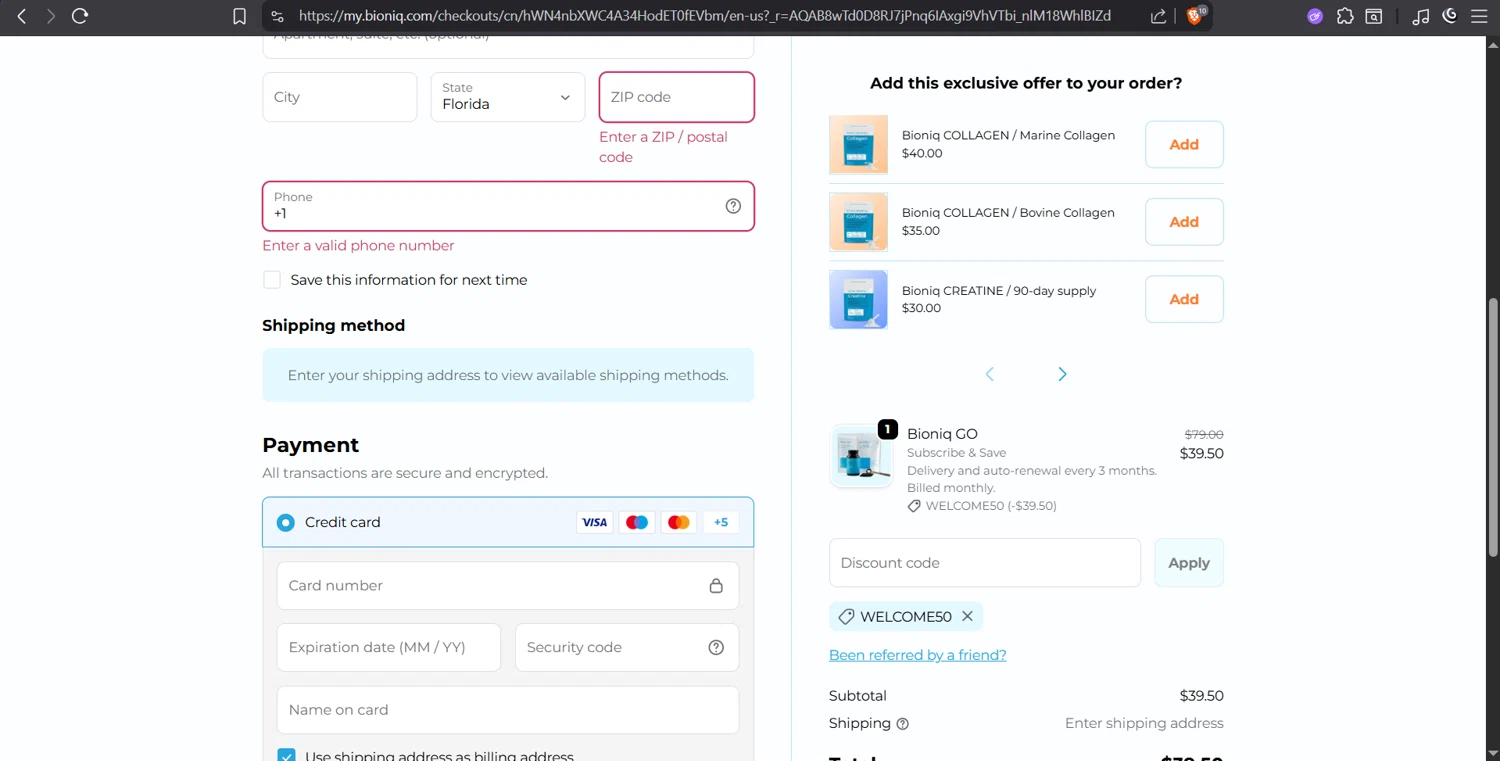 Bioniq discount code screenshot showing code WELCOME50 applied at Bioniq checkout page. Uploaded by SimplyCodes community member juanvargas1 on Nov 1, 2025
