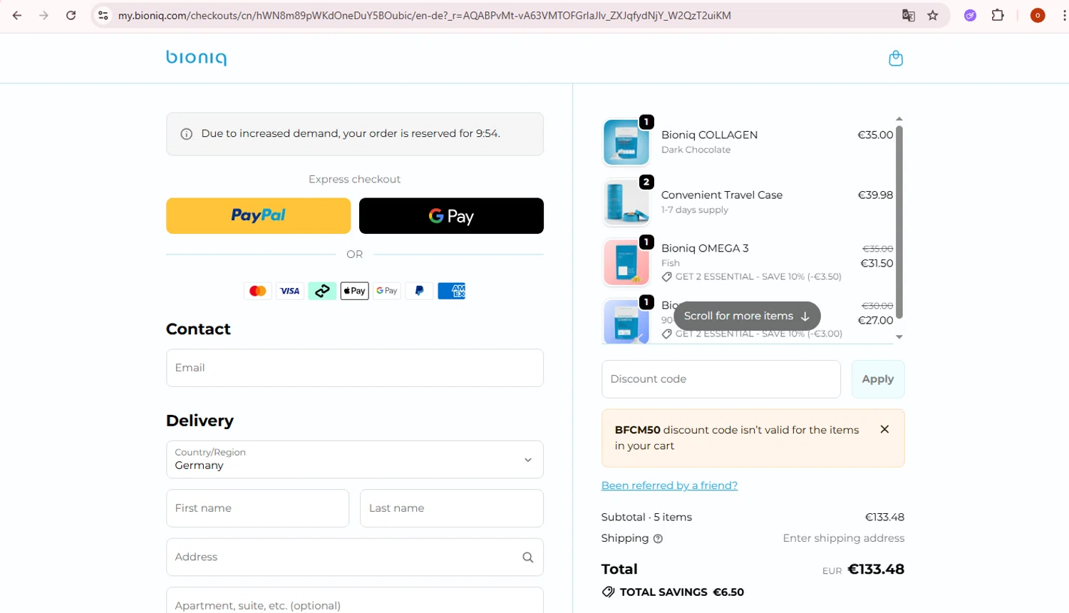 Bioniq checkout page showing Bioniq discount code box | Screenshot taken by SimplyCodes community member on Feb 14, 2026