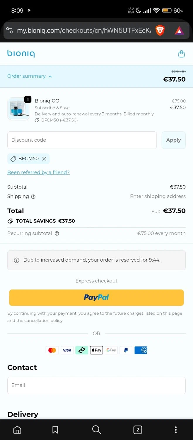 Bioniq discount code screenshot showing code BFCM50 applied at Bioniq checkout page. Uploaded by SimplyCodes community member RebateShopper5497 on Nov 20, 2025
