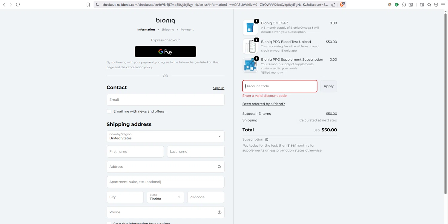 Bioniq discount code screenshot showing code START26 applied at Bioniq checkout page. Uploaded by SimplyCodes community member dayselis15 on Dec 22, 2025