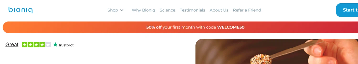 Bioniq discount code screenshot showing code WELCOME50 applied at Bioniq checkout page. Uploaded by SimplyCodes community member salepmigajera on Oct 3, 2025