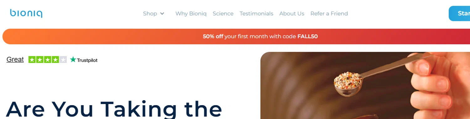 Bioniq discount code screenshot showing code fall50 applied at Bioniq checkout page. Uploaded by SimplyCodes community member aumentadax10 on Sep 12, 2025