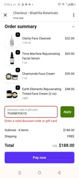 THANKYOU10 coupon verification screenshot