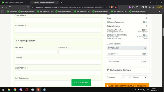 BiOptimizers checkout page showing BiOptimizers coupon code box | Screenshot taken by SimplyCodes community member on Sep 4, 2025