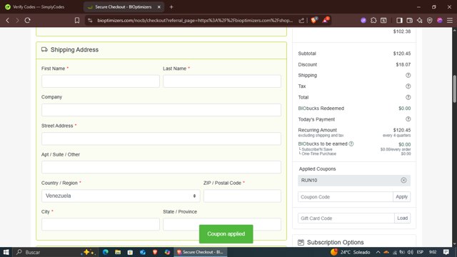 BiOptimizers checkout page showing BiOptimizers coupon code box | Screenshot taken by SimplyCodes community member on Aug 30, 2025