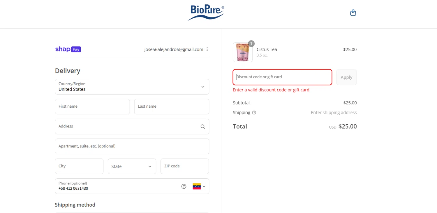 BioPure Healing Products promo code screenshot showing code BIOPURE10 applied at BioPure Healing Products checkout page. Uploaded by SimplyCodes community member Culebraparada on Aug 22, 2025