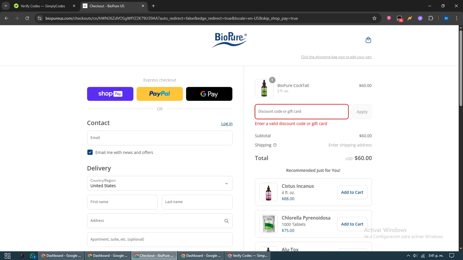 BioPure Healing Products promo code screenshot showing code BIOPURE10 applied at BioPure Healing Products checkout page. Uploaded by SimplyCodes community member EpicVoyager2820 on Aug 22, 2025