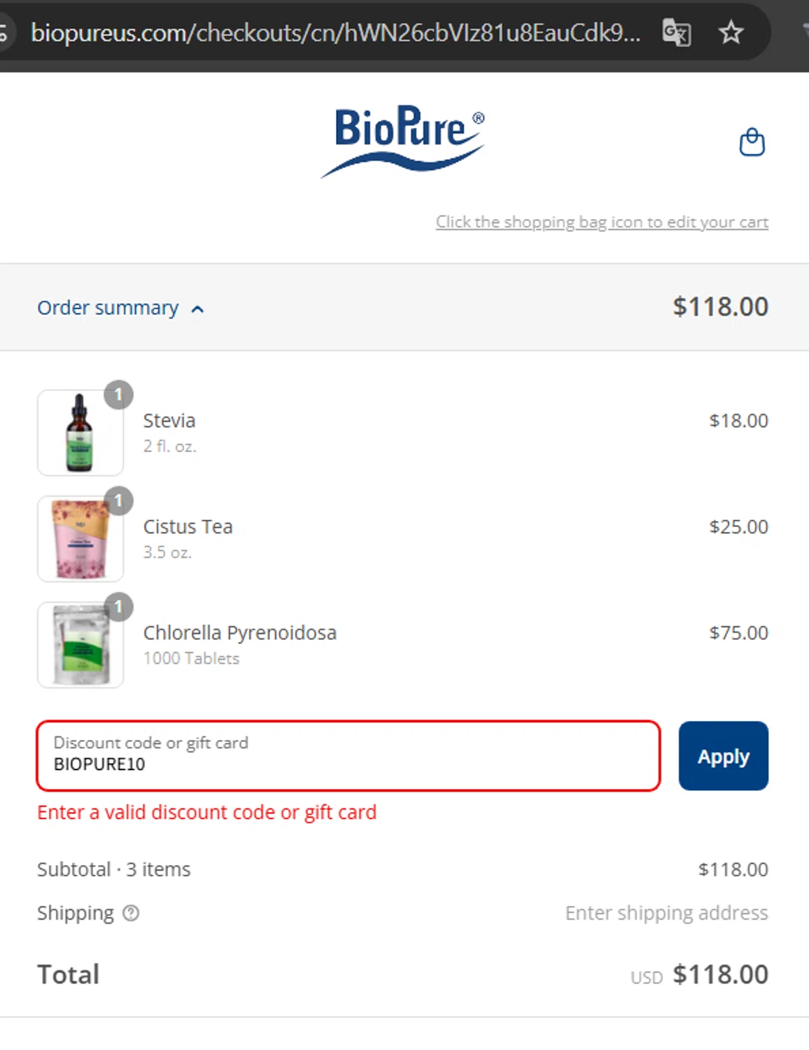 BioPure Healing Products promo code screenshot showing code BIOPURE10 applied at BioPure Healing Products checkout page. Uploaded by SimplyCodes community member LaCalix3000 on Aug 22, 2025