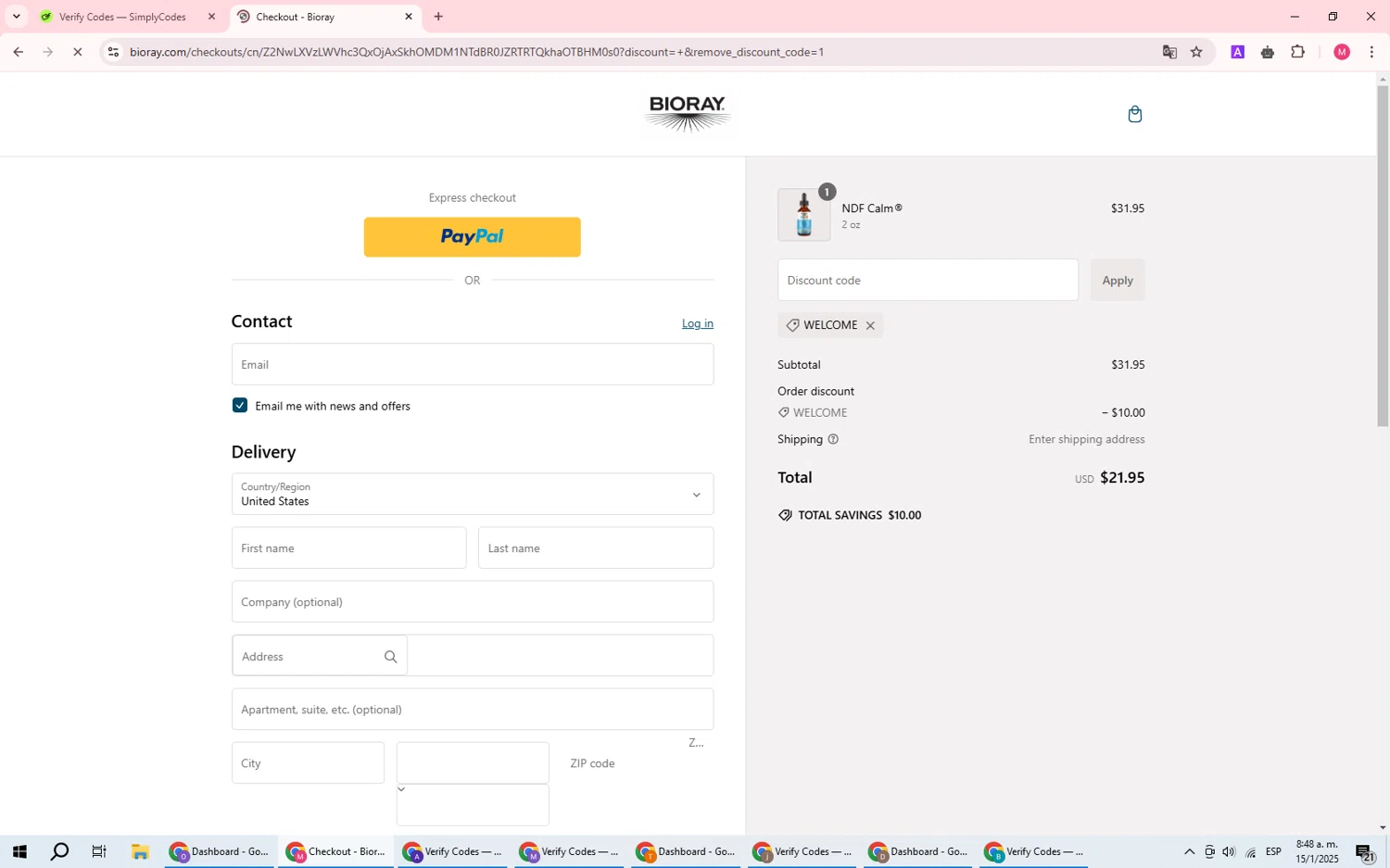Bioray discount code screenshot showing code WELCOME applied at Bioray checkout page. Uploaded by SimplyCodes community member DealWizard5321 on Jan 15, 2025