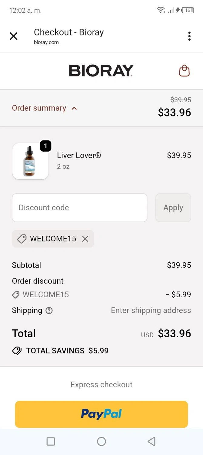 Bioray discount code screenshot showing code welcome15 applied at Bioray checkout page. Uploaded by SimplyCodes community member BonusVoyager4214 on Feb 2, 2026