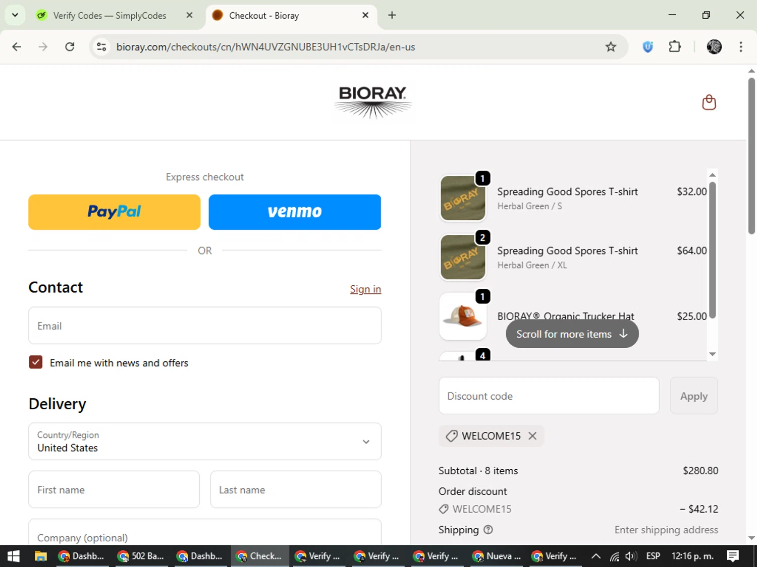 Bioray discount code screenshot showing code welcome15 applied at Bioray checkout page. Uploaded by SimplyCodes community member PrimeKnight6101 on Oct 24, 2025
