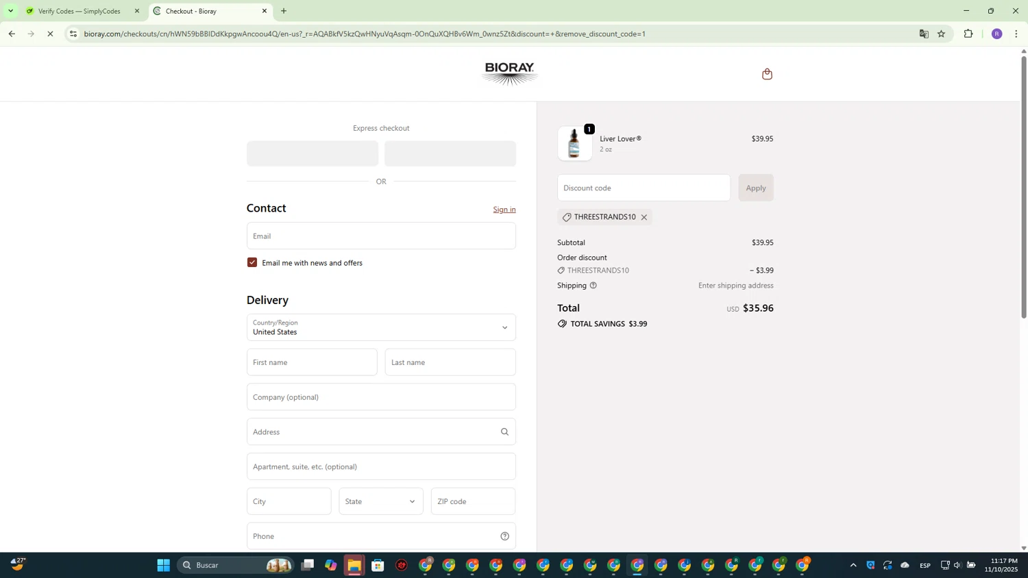 Bioray discount code screenshot showing code THREESTRANDS10 applied at Bioray checkout page. Uploaded by SimplyCodes community member CouponBoss4754 on Nov 11, 2025
