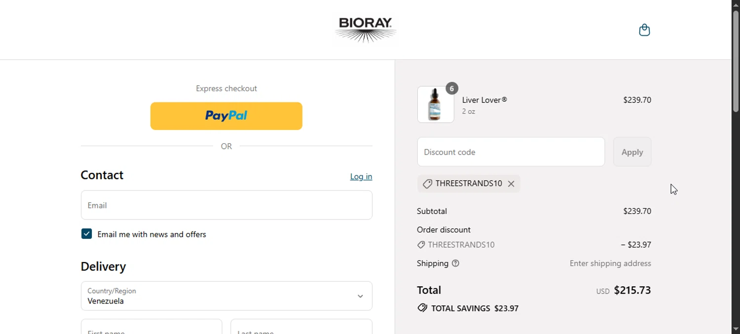 Bioray discount code screenshot showing code THREESTRANDS10 applied at Bioray checkout page. Uploaded by SimplyCodes community member Enmanuel99 on Jul 12, 2025