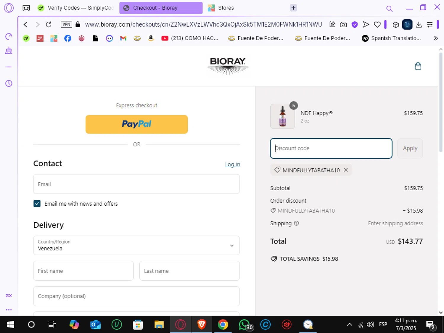 Bioray discount code screenshot showing code MINDFULLYTABATHA10 applied at Bioray checkout page. Uploaded by SimplyCodes community member Crchirino1 on Mar 7, 2025