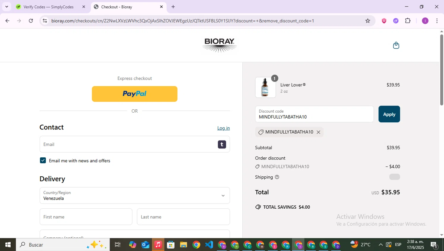 Bioray discount code screenshot showing code MINDFULLYTABATHA10 applied at Bioray checkout page. Uploaded by SimplyCodes community member RebateAce6764 on Jun 17, 2025