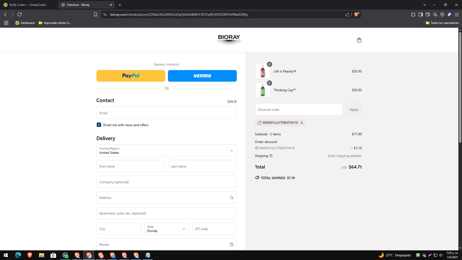 Bioray discount code screenshot showing code MINDFULLYTABATHA10 applied at Bioray checkout page. Uploaded by SimplyCodes community member yesenia on Apr 7, 2025