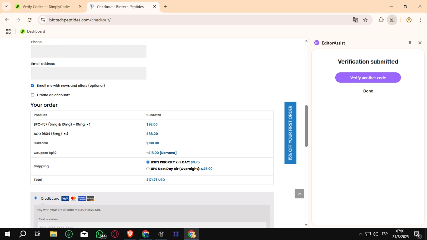 Biotech Peptides coupon code screenshot showing code bp10 applied at Biotech Peptides checkout page. Uploaded by SimplyCodes community member Crchirino1 on Aug 31, 2025