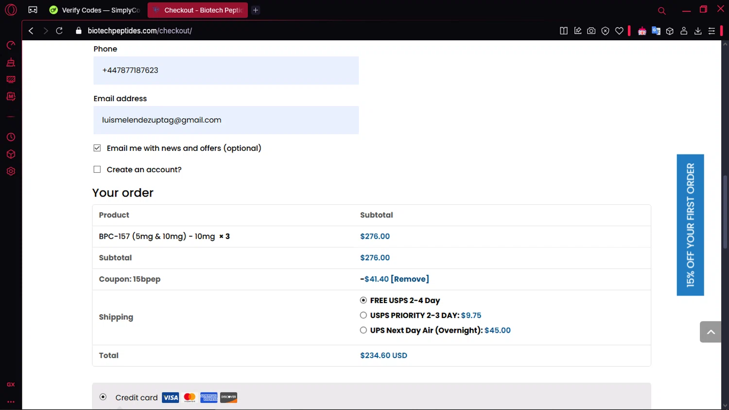 Biotech Peptides coupon code screenshot showing code 15BPEP applied at Biotech Peptides checkout page. Uploaded by SimplyCodes community member TOLUENO on Apr 7, 2025