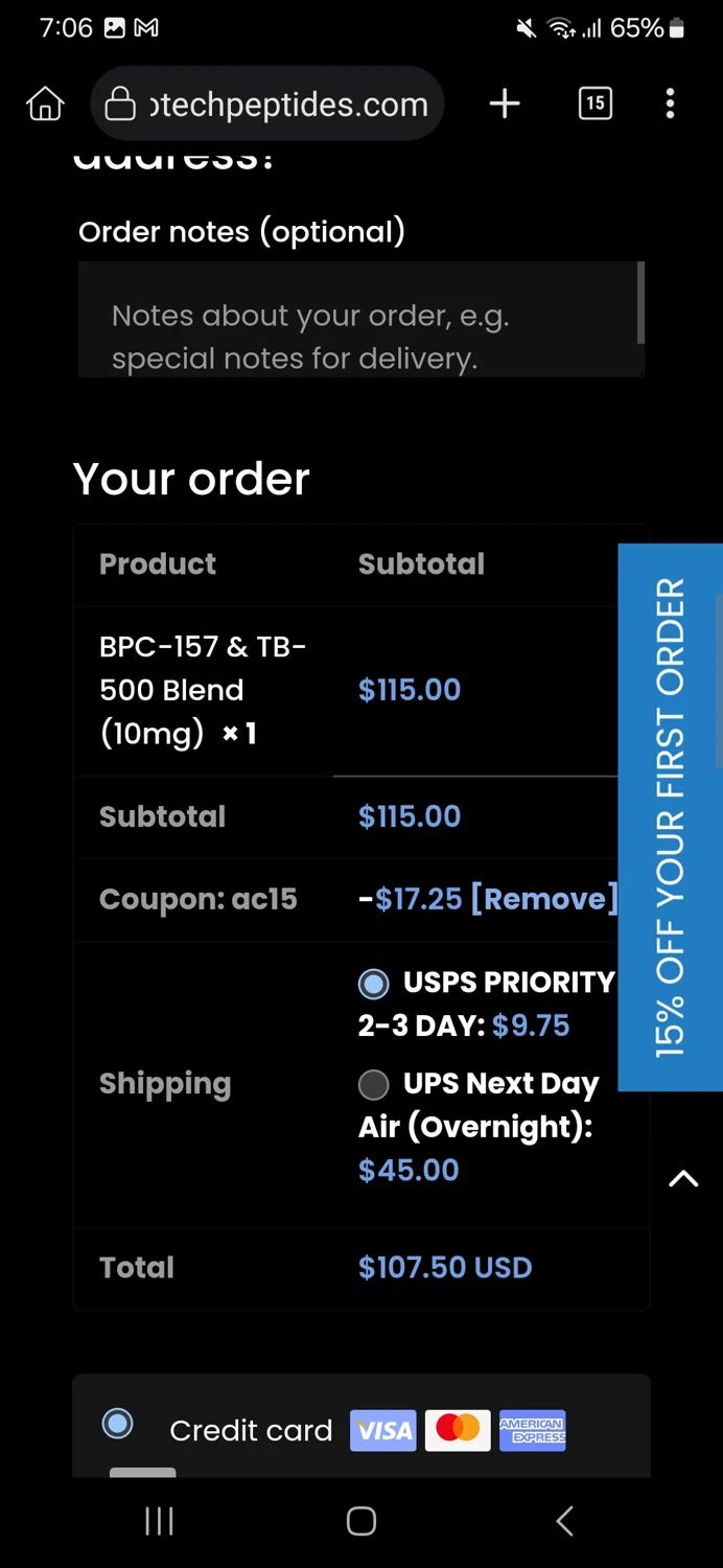 Biotech Peptides checkout page showing Biotech Peptides coupon code box | Screenshot taken by SimplyCodes community member on Jan 13, 2026